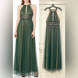 BCBGMAXAZRIA Jasmina Halter Dress with Lace Illusion and Grommet Details